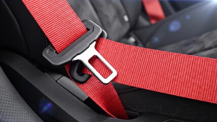 Close-up of a vibrant red seatbelt fastened in a sporty car interior, emphasizing dynamic safety and performance.