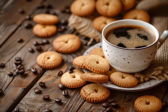 Cup of coffee with scattered cookies on wooden table, cozy warm background, lifestyle food scene. - Powered by Adobe