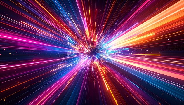 Abstract colorful light streaks burst outward from a central point, creating a vibrant effect