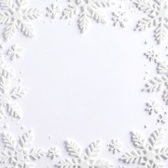 Delicate snowflakes of various intricate designs gently rest on a pristine white background, creating a serene and tranquil winter scene.