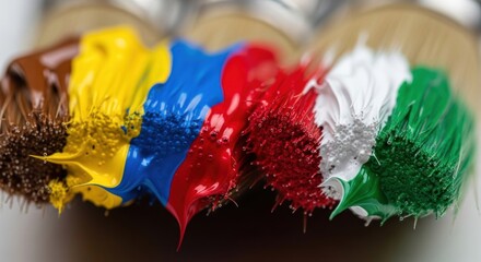 Vibrant Paintbrushes: A Macro View of Color and Texture, Artistic Expression, Creative Tools, Close-Up Detail, Vivid Hues, Brushstrokes, Art Supplies