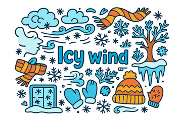 Fototapeta premium Icy Winter Doodle. Icy wind. Hand-drawn doodle illustration of icy wind. Blowing lines, snowflakes, clouds,