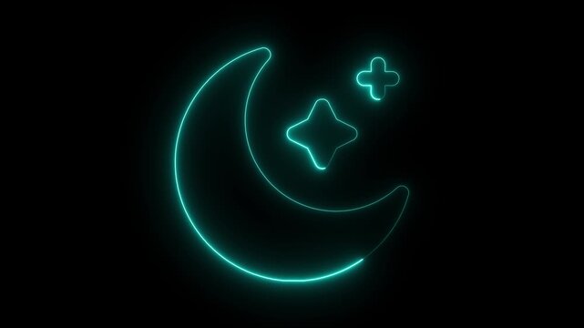 Glowing neon line Moon and stars icon isolated on black background. Star and moon icon showcases a glowing crescent moon and shimmering star on black 