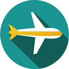 White Airplane With Yellow Stripe Flying Across Teal Circle With Long Shadow