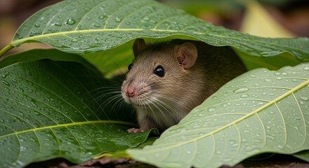 A small mouse peeking out from under large green leaves after a rain shower.