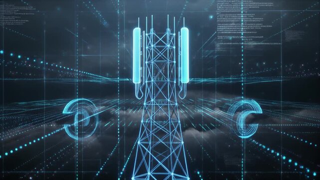 Digital rendering of a telecommunications tower with data streams and glowing elements.