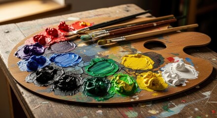 Vibrant Palette: Close-Up of Artist's Paints and Brushes on Wooden Table