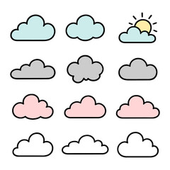 Cute Set of Twelve Cartoon Clouds in Different Colors and Weather Icon Style