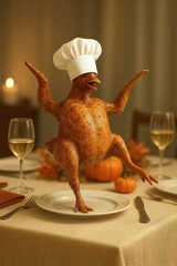 Thanksgiving turkey wearing chef hat dancing joyfully on table