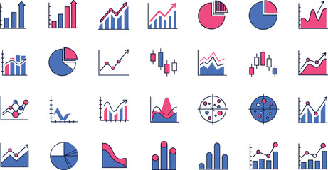 Colorful analytics icons set showing charts, graphs, data visualization elements, financial statistics, business performance metrics, infographic symbols, modern design collection