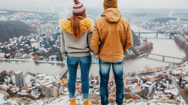 Couple on snowy hilltop admiring winter city panorama with river and bridges - Powered by Adobe