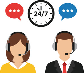 24/7 customer support service illustration with call center agents, headset operators, communication icons, hotline assistance, online help desk concept