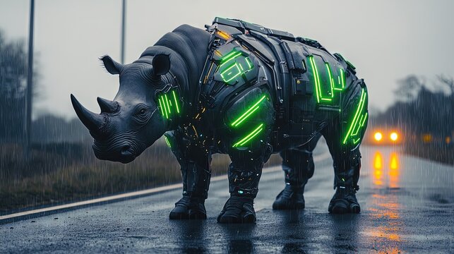 Futuristic rhino in armored plating on a rainy road.