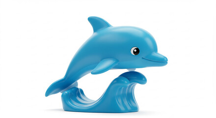 Fototapeta premium A playful vibrant blue dolphin 3D toy model joyfully leaps from a stylized wave on a clean white studio background. AI Generated