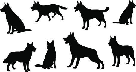 German Shepherd dog silhouettes, black and white, sitting, standing, walking poses, canine illustration, posture study, pet design, guard dog art