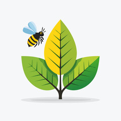 Bee Flying Near Green and Yellow Leaves on Stem.