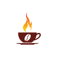 Hot coffee cup with a fiery flame rising above, symbolizing energy and warmth, isolated on white background