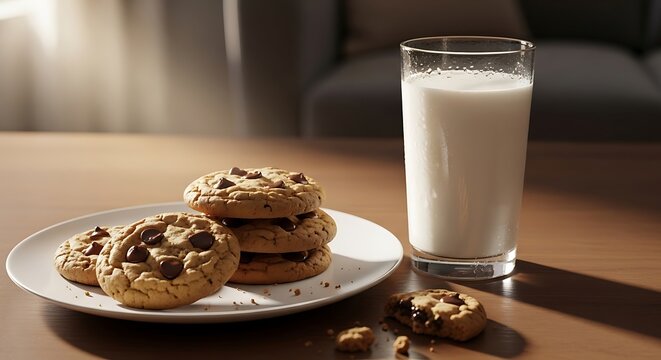 A tall glass of cold milk sits beside a plate of freshly baked chocolate chip cookies - Powered by Adobe