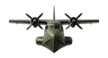 Amphibious military transport plane featuring a boat-like hull and elevated wings.
