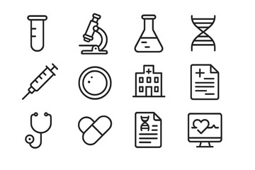 Medical Research Icons. Medical research tools. Line outline icon set of medical research tools: test tube,