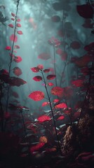 Mysterious Red Foliage In Dark Misty Forest Light