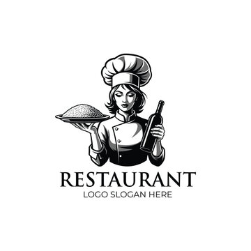 Restaurant logo with female chef holding food plate and wine bottle, monochrome illustration, isolated on white background