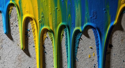 Vibrant Dripping Paint Abstract: Yellow, Blue, Green, Textured Surface, Artistic Flow.