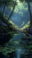Mystical Forest Stream With Sunlight Rays And Lily Pads