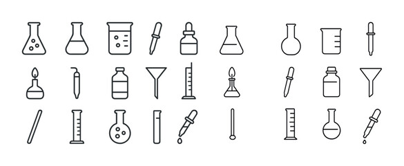 Outline icons of laboratory equipment: beakers, flasks, test tubes, and droppers