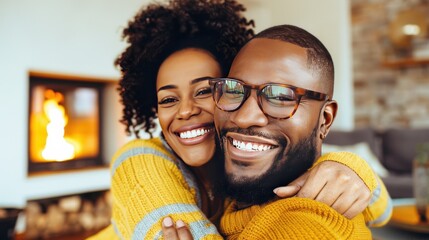 Smiling Black couple embracing warmly at home by fireplace, radiating joy and happiness.