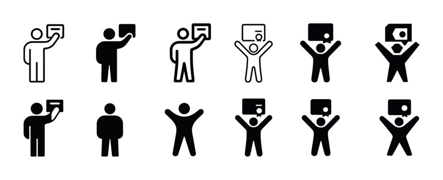 Set of human figure icons holding speech bubbles in various poses