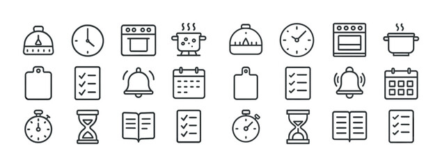 Kitchen timer and cooking icons set for planning and scheduling