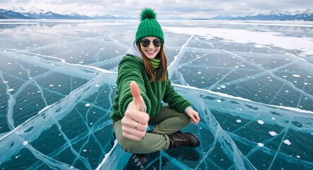 Smiling woman in green winter clothes sitting on the clear ice of a frozen lake. Happy tourist giving a thumbs up during an outdoor adventure in a snowy mountain landscape
