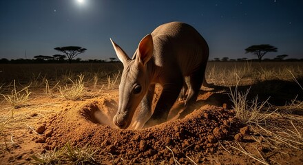 Aardvark digging at night under the moonlight in the African savanna.
