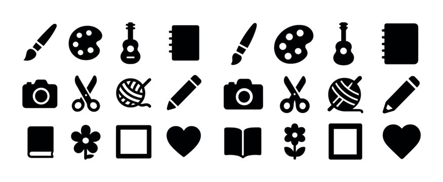 Artistic icons collection: paintbrush, palette, guitar, notebook, camera, yarn, scissors, pencil