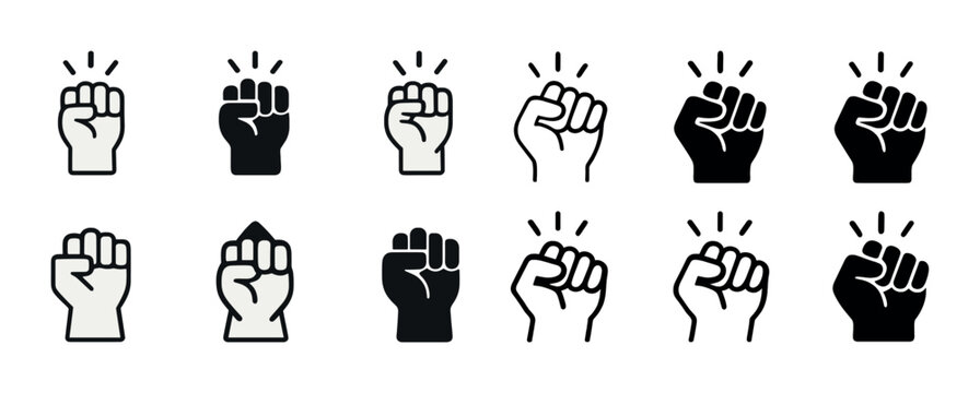 Set of fist icons: solid and outline vector symbols of raised fists