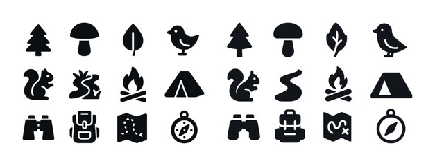 Black silhouette camping icons: nature, wildlife, and adventure symbols set