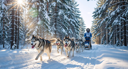 A team of siberian husky dogs running and pulling a sled in a snowy winter forest. Musher on a dog sledding adventure in a sunlit landscape