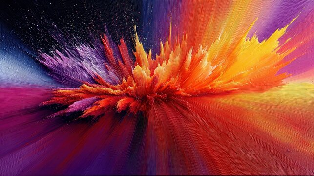 An abstract explosion of vibrant colors, including red, orange, yellow, purple, and blue, radiating outwards with streaks of light against a dark background.
