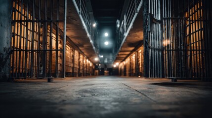 Prison corridor at night.