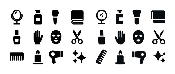 Set of beauty and grooming icons: mirror, lotion, makeup, comb, candle, hair dryer