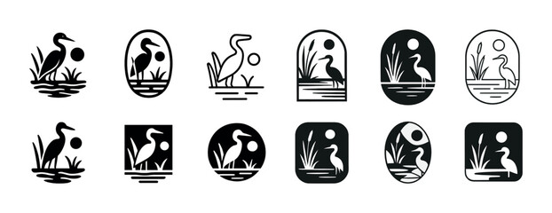 Elegant heron silhouettes in minimalist black and white designs