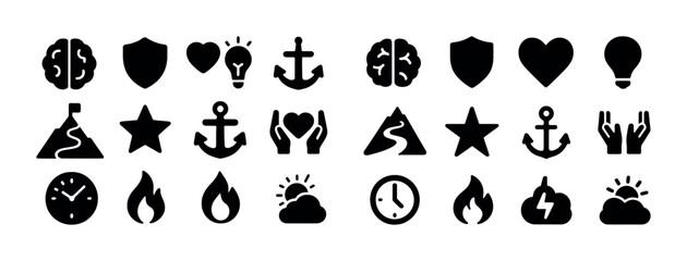 Obraz premium Collection of black silhouette icons: brain, shield, heart, anchor, light bulb