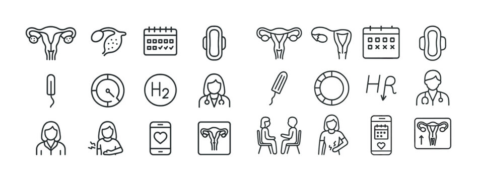 Line art icons of gynecological health: doctor, uterus, ovary, menstrual cycle