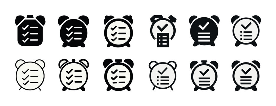 Alarm clock checklist icons set in black and white