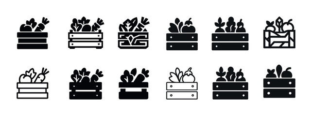 Set of vegetable icons in crates: black and white illustrations