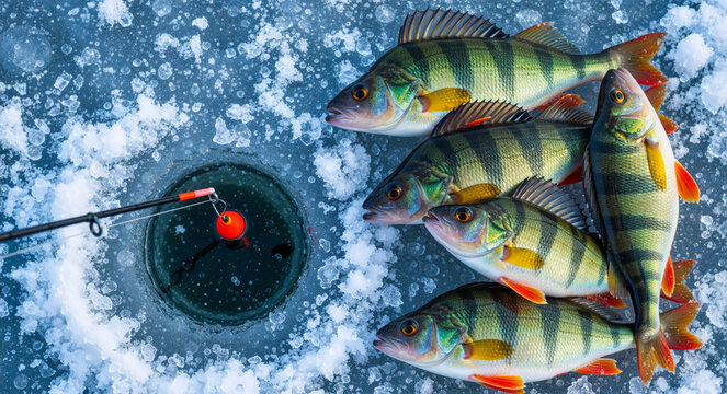 A successful ice fishing catch of perch on a frozen lake. Fresh fish lying on the snow next to a fishing rod and an ice hole. Winter outdoor recreation and hobby concept