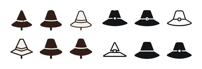 Collection of wizard and pilgrim hat icons in various styles