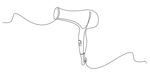 Continuous line drawing of a hair dryer.Single line illustration showing a handheld blow dryer in a simple minimalist style, symbolizing beauty care, hairstyling tools, and daily grooming routines.