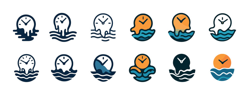 Creative time-themed icons featuring unique clock designs and ocean motifs